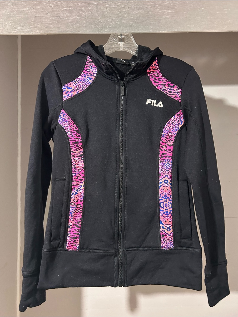 Fila Black Hoodie Jacket with Pink & Purple Leopard Panels
